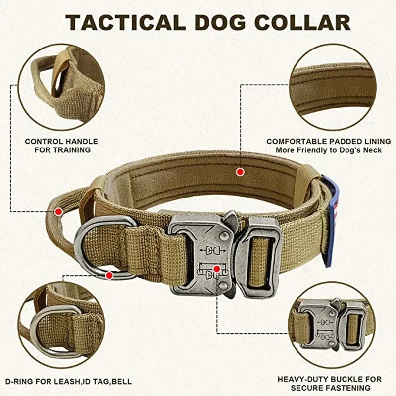 Military Tactical Dog Collar with Control Handle Adjustable Nylon Collar for Medium Large Dogs German Shepard Walking Training