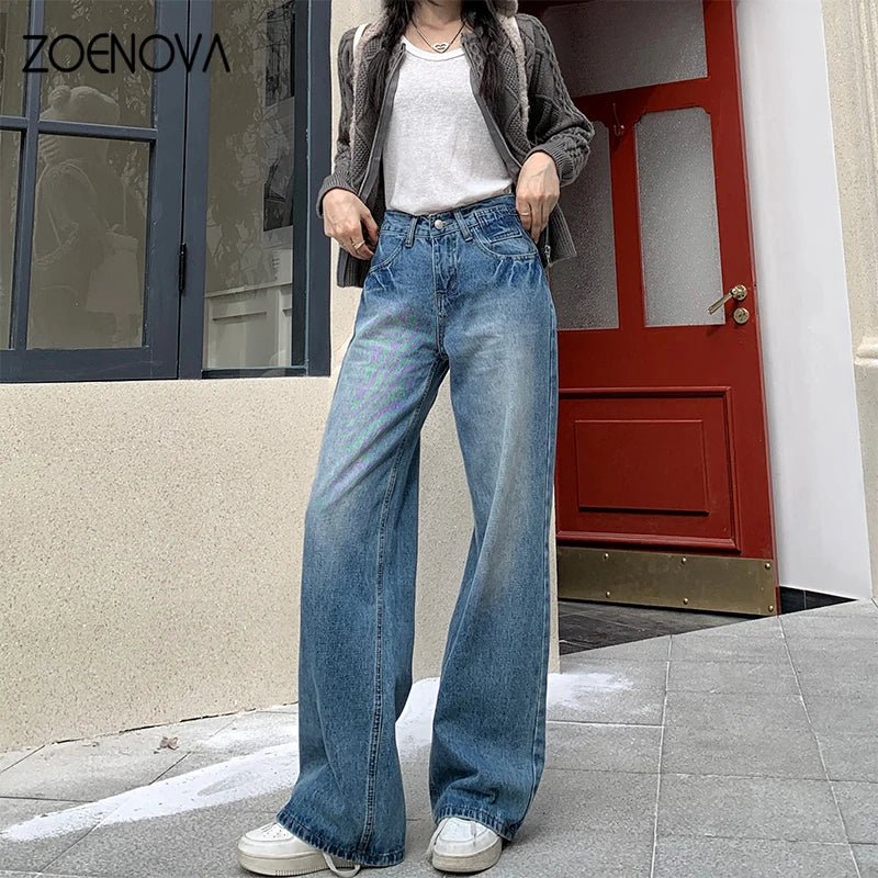 ZOENOVA High Quality Women's Jeans 2024 Spring Summer American Fashion Ladies Straight Wide Leg Pants Casual Y2K Denim Trousers