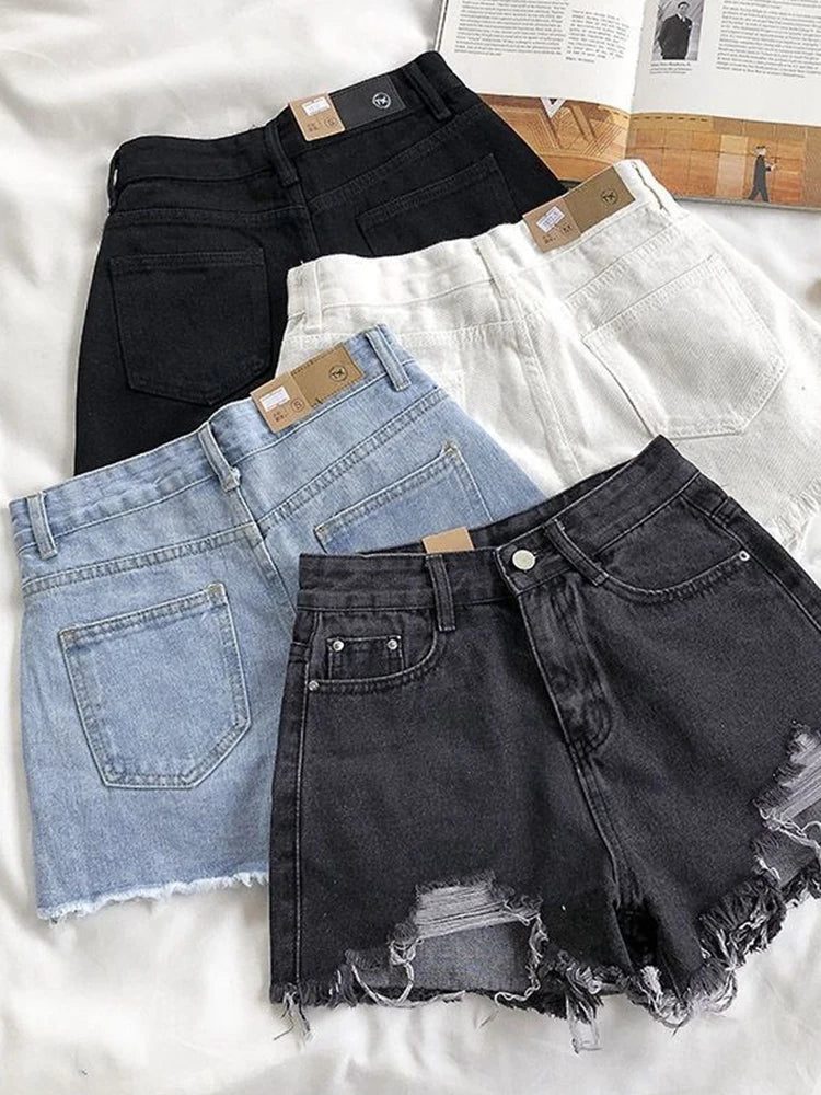 Women's Ripped Jeans Short Pants, Casual High Waist Denim Shorts, Female Clothing, Summer Pocket Hole, 2023