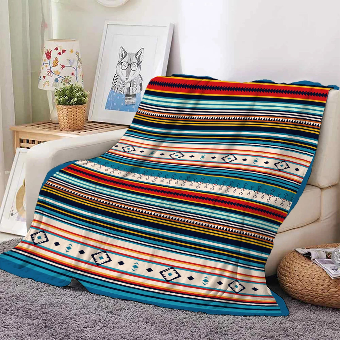 1PC Bohemian stripes pattern printed blanket, suitable for sofas, beds, offices, travel, camping chairs, warm plush blanket