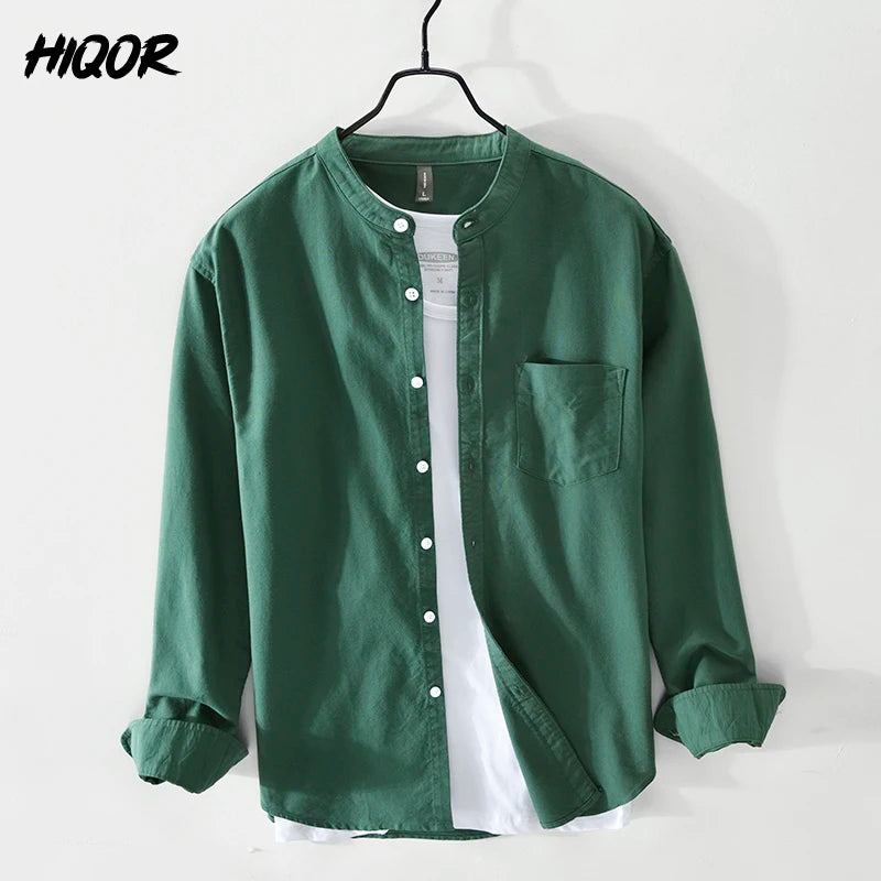 HIQOR Men's Shirt 100% Cotton All-match Long Sleeve Tops 2024 Spring Summer Solid Color Shirts Man Casual Blouses Streetwear Men