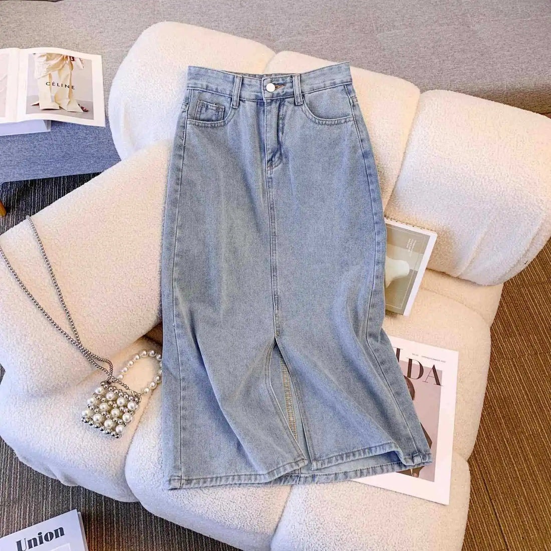 Women Washed Long Denim Skirt Vintage Fashion High Waist Skirt Streetwear Korean All-Match Straight Female A-Line Jeans Skirt