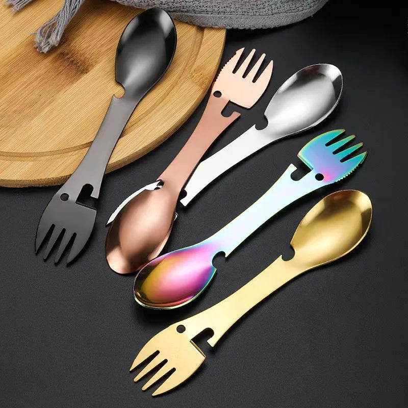 5 in 1 Camping Spoon Fork Bottle Opener Portable Open Can Multifunctional Tool Stainless Steel Self Defense Knife for Outdoor