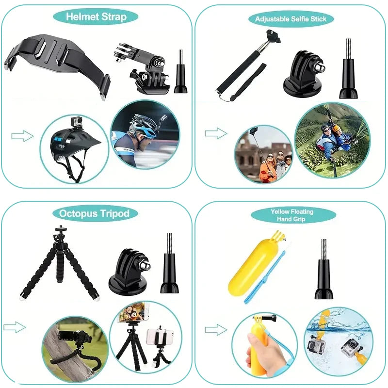 58 In 1 Action Camera Accessory Kit for GoPro 12 11 10 9 8 7 6 5 4 3+ 2 1 DJI Insta360 SJCAM Yi EKEN Osmo AKASO Accessory