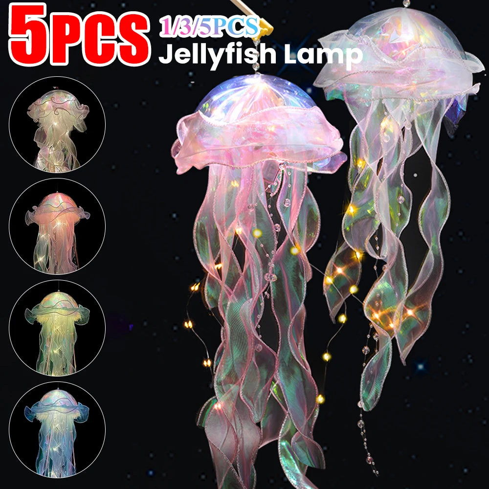 5PCS Jellyfish Bedroom Night Light Lamp Button Battery Hanging Atmosphere Decoration Lamp with Ribbon&Bead for Girl Bedroom 2024