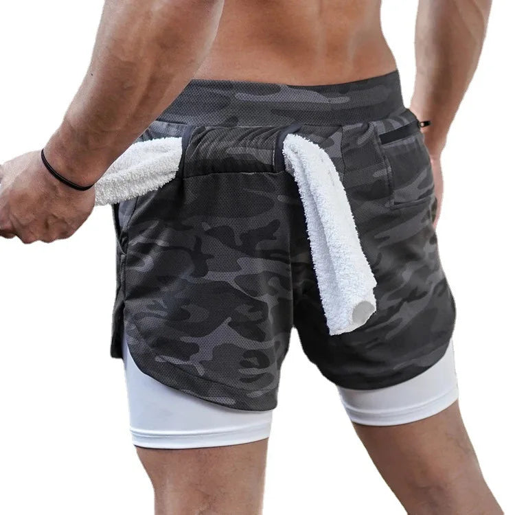 Men Running Shorts Camo Gym Sports Shorts 2 in 1 Quick Dry Workout Fitness Training Jogging Short Summer with Pocket Men Shorts