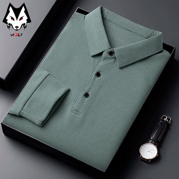 Men's Casual Waffle Polo T-shirt Breathable Comfortable Fashion Long Sleeve T-shirt