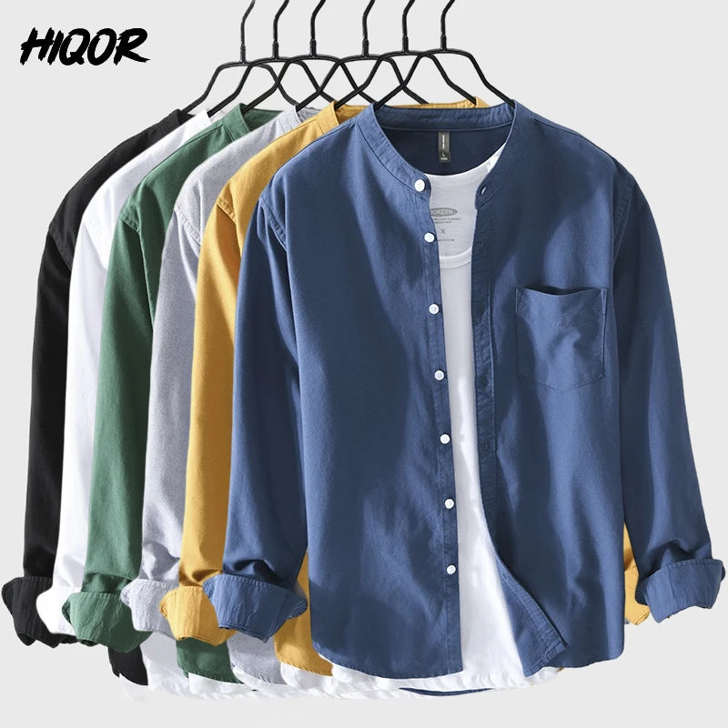 HIQOR Men's Shirt 100% Cotton All-match Long Sleeve Tops 2024 Spring Summer Solid Color Shirts Man Casual Blouses Streetwear Men