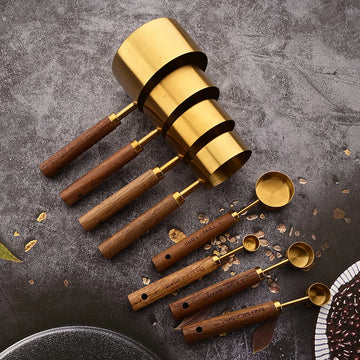 Gold Wooden Handle Stainless Steel Measuring Cups Spoons Baking Tools Coffee Measuring Spoon Set Bartending Scale Accessories