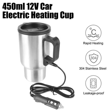 Water Coffee Milk Thermal Mug Camping Travel Kettle 12V 450ml Electric Heating Car Kettle Vehicle Heating Cup Stainless Steel