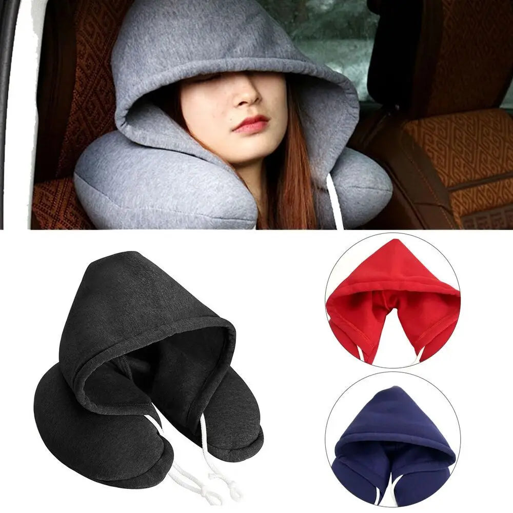 U-Shape Airplane Pillow with Hoodie Soft Comfortable Hooded Neck Travel Pillow