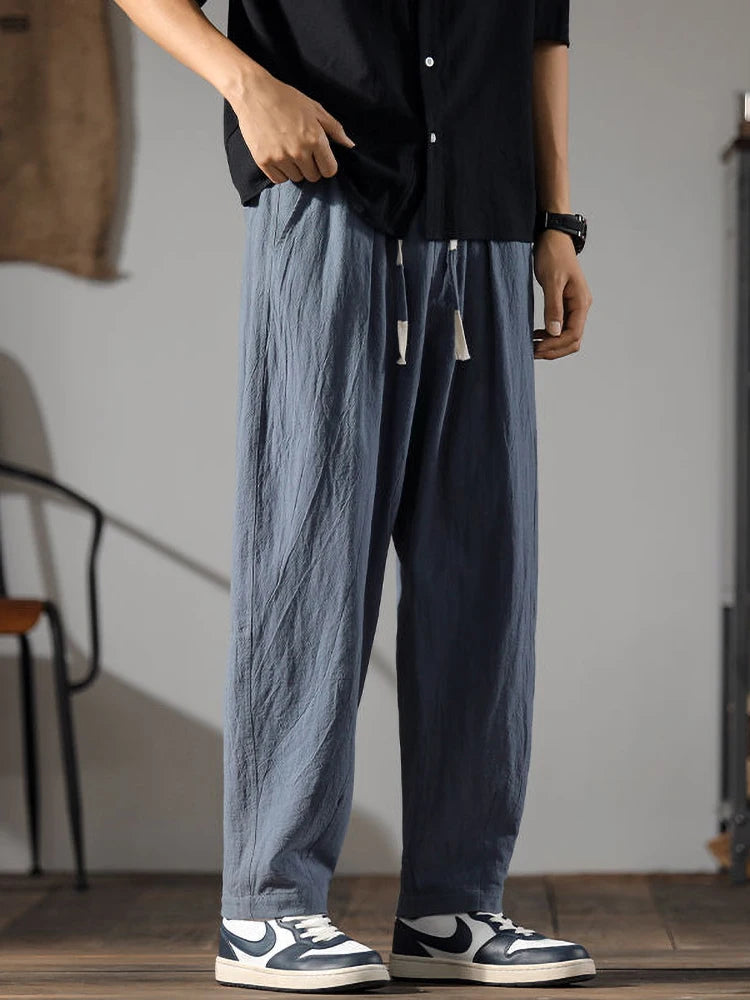 Japenese Cotton Linen Pants Men Summer Straight Casual Ice Silk Sweatpants Male Wide leg Oversize Linen Trousers 2024 New