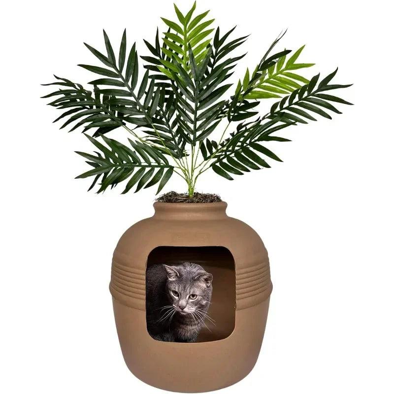 Hidden Litter Box Base Kit, Round Enclosed Cat Planter Furniture with Fake Plant, Hooded Vented Carbon Filter System for Odor