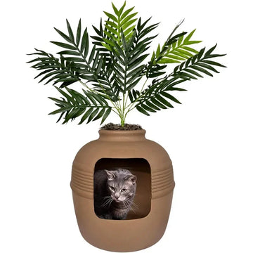 Hidden Litter Box Base Kit, Round Enclosed Cat Planter Furniture with Fake Plant, Hooded Vented Carbon Filter System for Odor