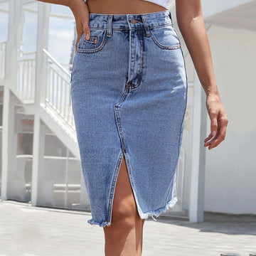 Women's Front Split Denim Skirt 2025 Spring Autumn High Waist Wrap Hip Streetwear Jeans Skirts Knee Length Versatile Skirts