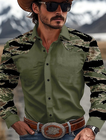 Men's Camouflage Western Shirt Denim Shirt Long Sleeve Western Casual Outdoor Spring and Autumn Lapel Black Brown Green Khaki