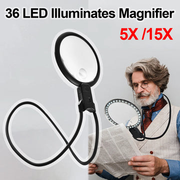 5X/15X Neck Wear Magnifier Rechargeable Magnifying Glass 36 LED Hands Frees Magnification Glass for Reading Sewing and Crafting