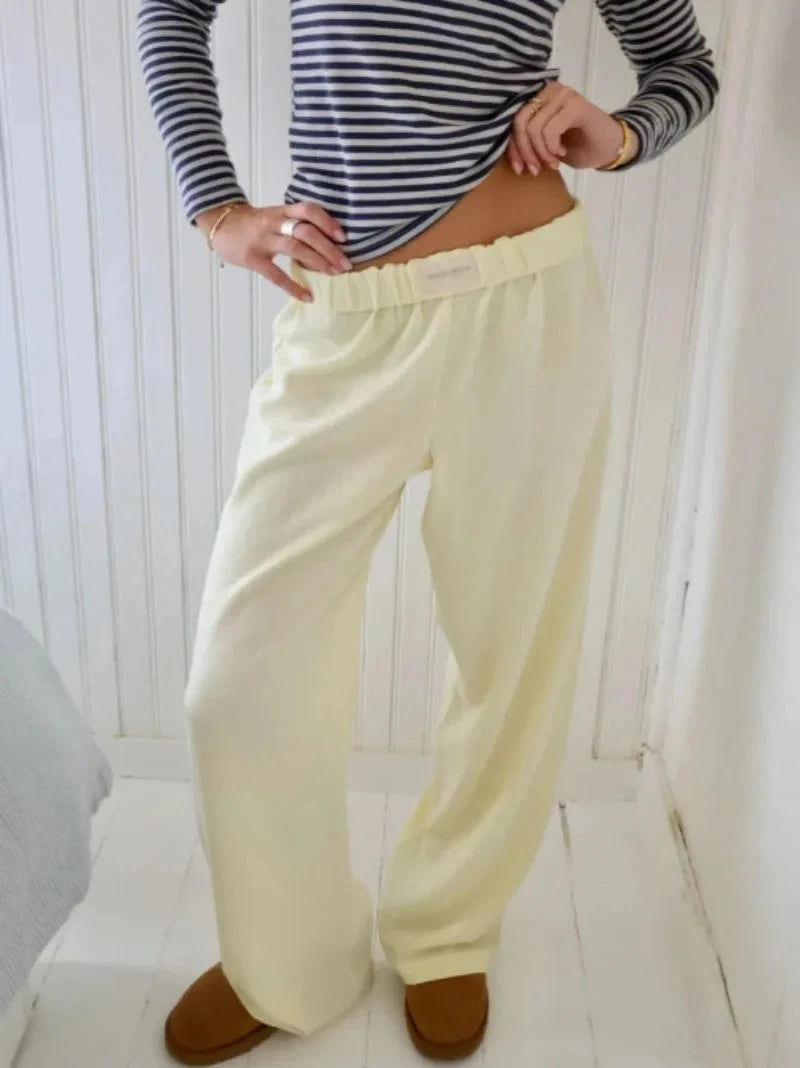 New Trendy Striped Print Long Pant Women Elastic Waist Drawstring Wide Leg Pants Fashion Casual Cotton Famale Straight Trousers