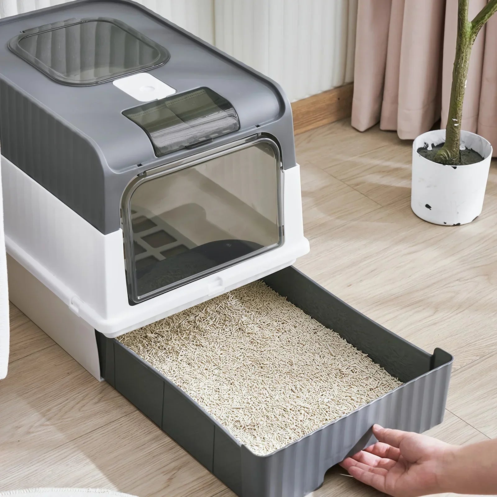 Cat Toilet Fully Enclosed Drawer Style Easy To Clean Portable Cat Manure Box with Splash Guard and Spoon on Top for Pet Supplies