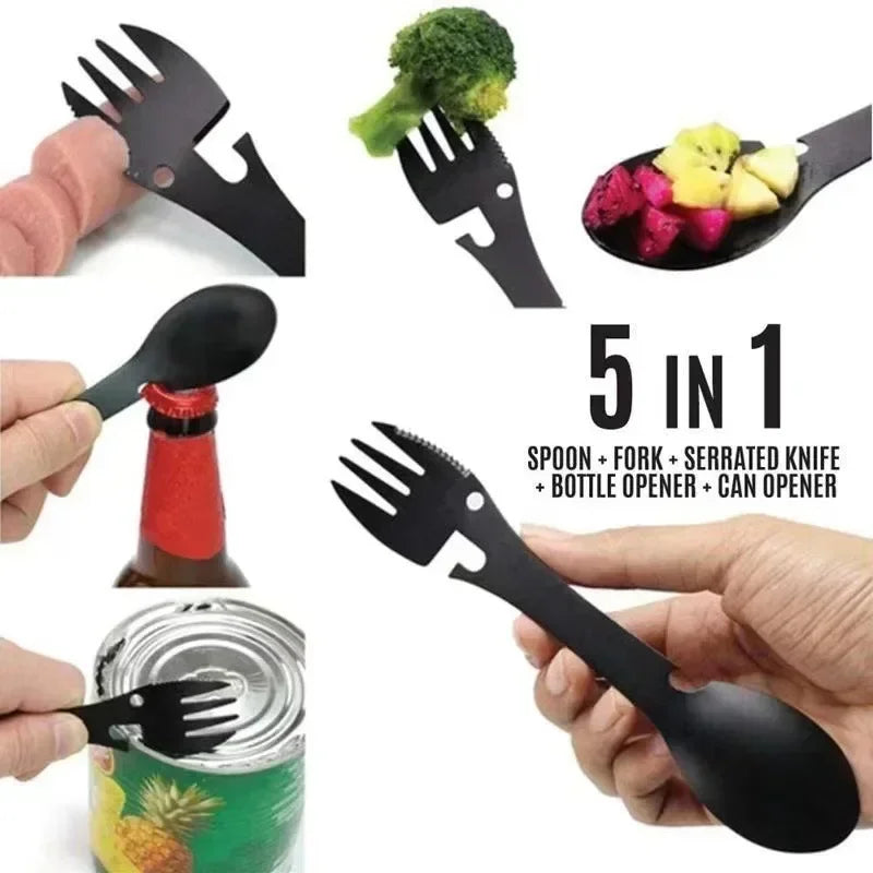 Outdoor Multi-functional EDC Kit Practical Fork Survival Tools 5 in 1 Camping Knife Spoon Bottle/Can Opener Camping Hiking Gear