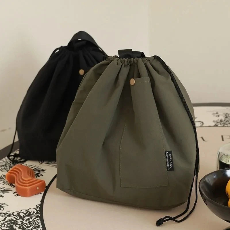 Japanese Korean Lunch Bag Cotton Canvas Large Solid Color Drawstring Portable Thermal Insulated Picnic Storage Bento Box Bag