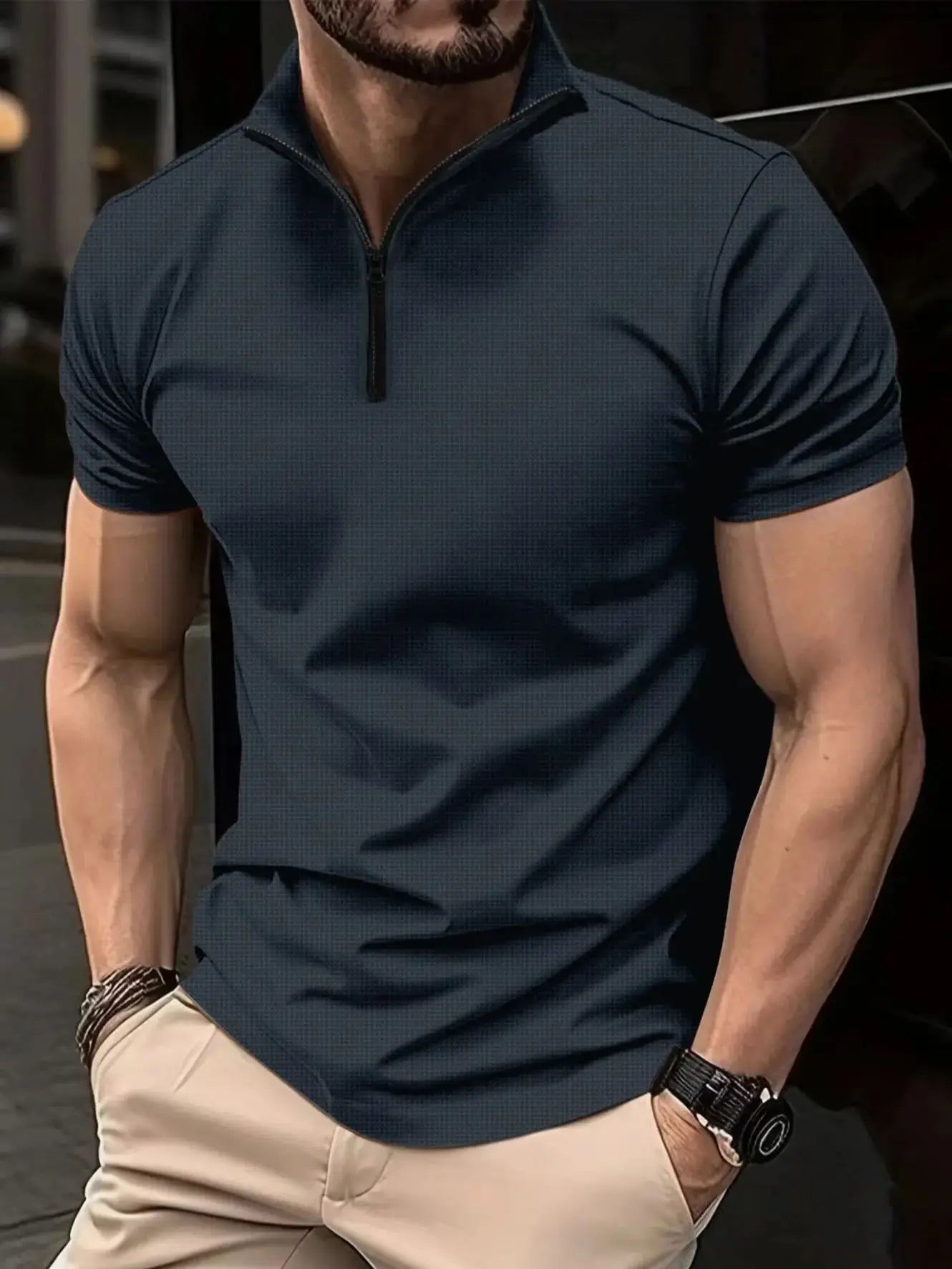 Summer Men's POLO Shirt Zipper Henley Collar Short-Sleeved T-Shirt Shirt Casual Sports solid Color Stand Collar Trend T-Shirt