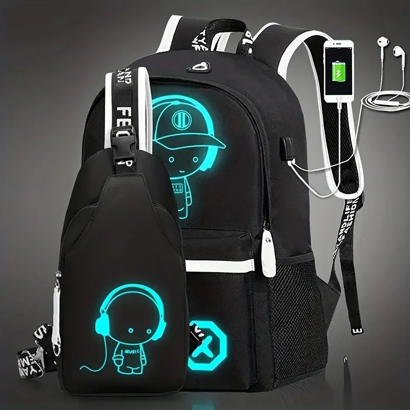 Fashion Backpacks Luminous Animation School Bags For Boy Girl Teenager USB Charge Men Back Pack Laptop Backpack Male 2PCS/SET