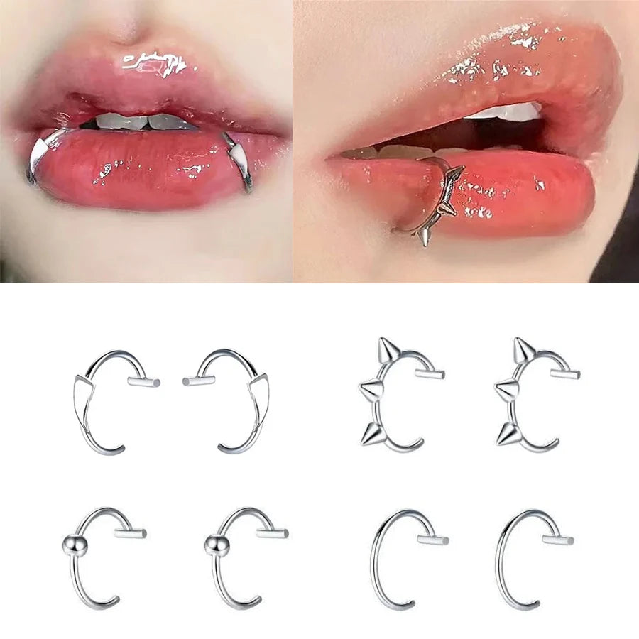 2PCS Trendy 10mm Stainless Steel Punk Clip on Fake Piercing Nose Wrap Lip Rings Unisex Nose Ring Women Men Tusk Body Jewelry