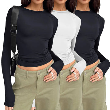 Women's 3 Piece Long Sleeve T Shirts Basic Short Version Of The Top Solid Color Womens Shirts Fall Fashion Plus Size Women