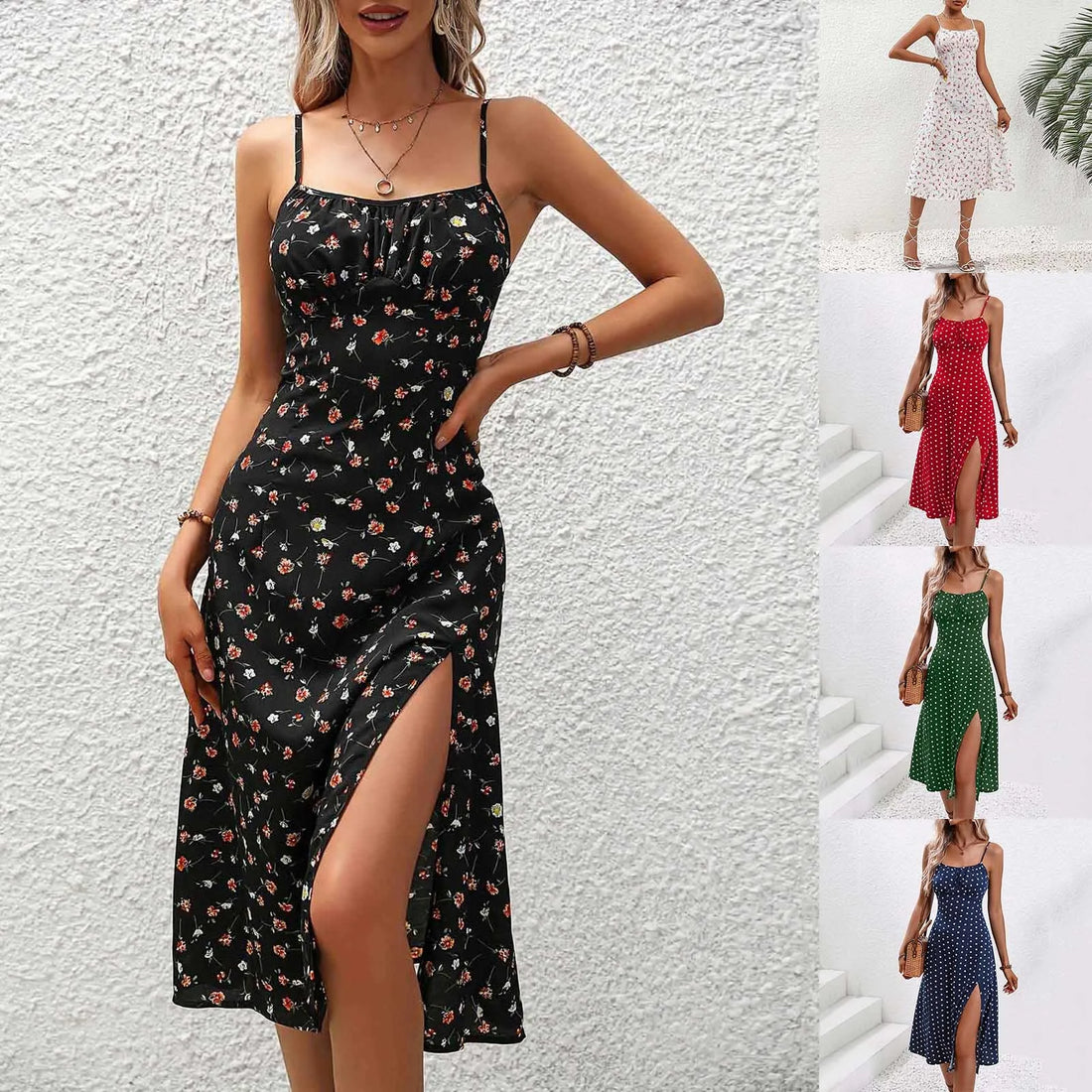 Casual Lace-Up Floral Print Summer Dress Sexy Strappy Hight Split Boho Dresses Backless Holiday Sundresses Women Robe Femme