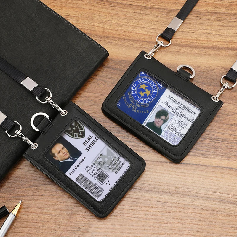 Reporter Police Badge ID Credit Card Holder Real Leather Business Name Tag Chest Card Pouch with Neck Lanyard Staff Supplies