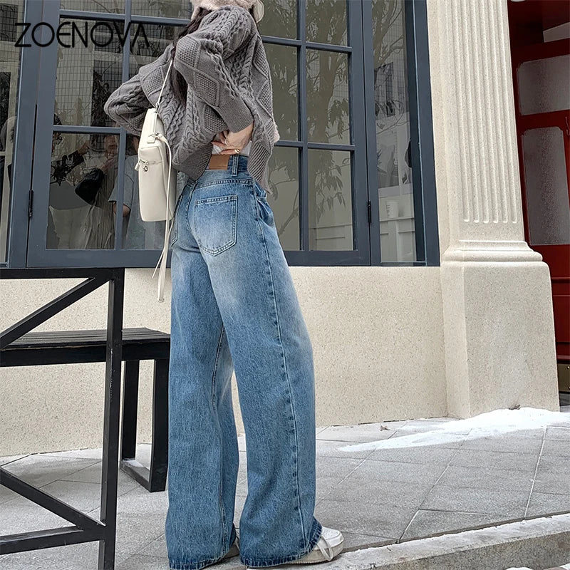 ZOENOVA High Quality Women's Jeans 2024 Spring Summer American Fashion Ladies Straight Wide Leg Pants Casual Y2K Denim Trousers