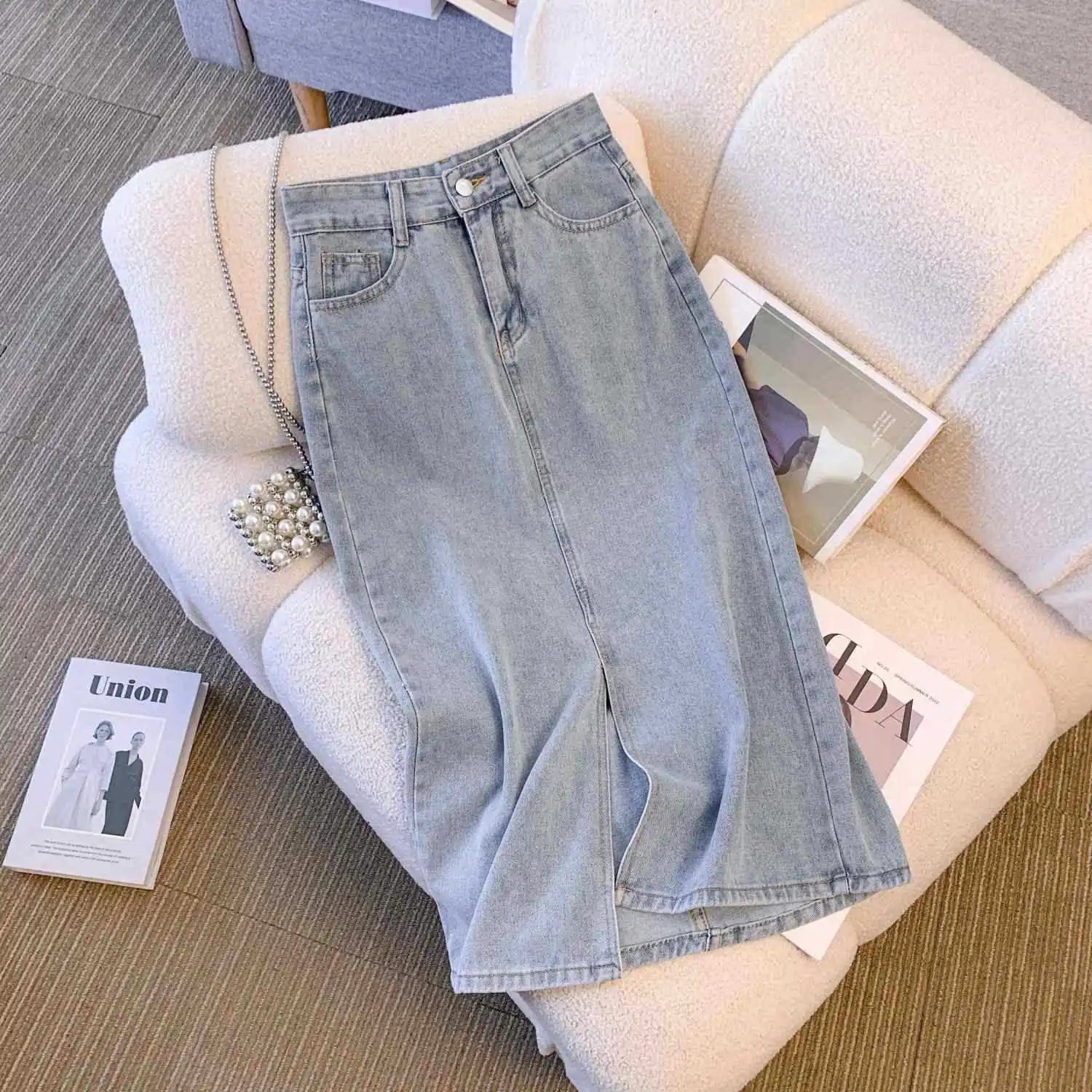 Women Washed Long Denim Skirt Vintage Fashion High Waist Skirt Streetwear Korean All-Match Straight Female A-Line Jeans Skirt