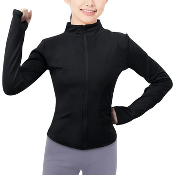 Women's Workout Jacket with Thumb Holes, Lightweight Zip Up Mock Neck Yoga Jacket, Long Sleeve Athletic Slim Fit Tops