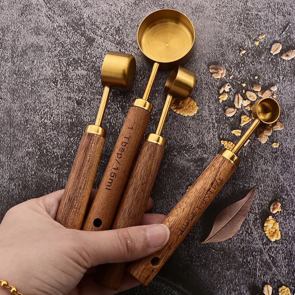 Gold Wooden Handle Stainless Steel Measuring Cups Spoons Baking Tools Coffee Measuring Spoon Set Bartending Scale Accessories